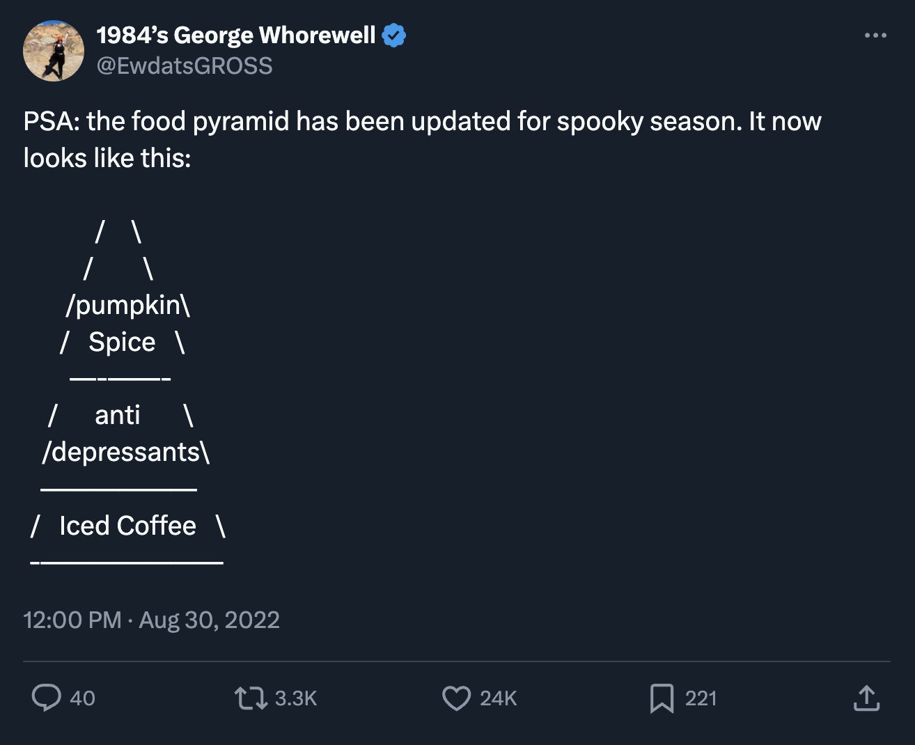 screenshot - 1984's George Whorewell Psa the food pyramid has been updated for spooky season. It now looks this \ pumpkin\ Spice \ anti 1 depressants\ Iced Coffee \ 40 24K 221